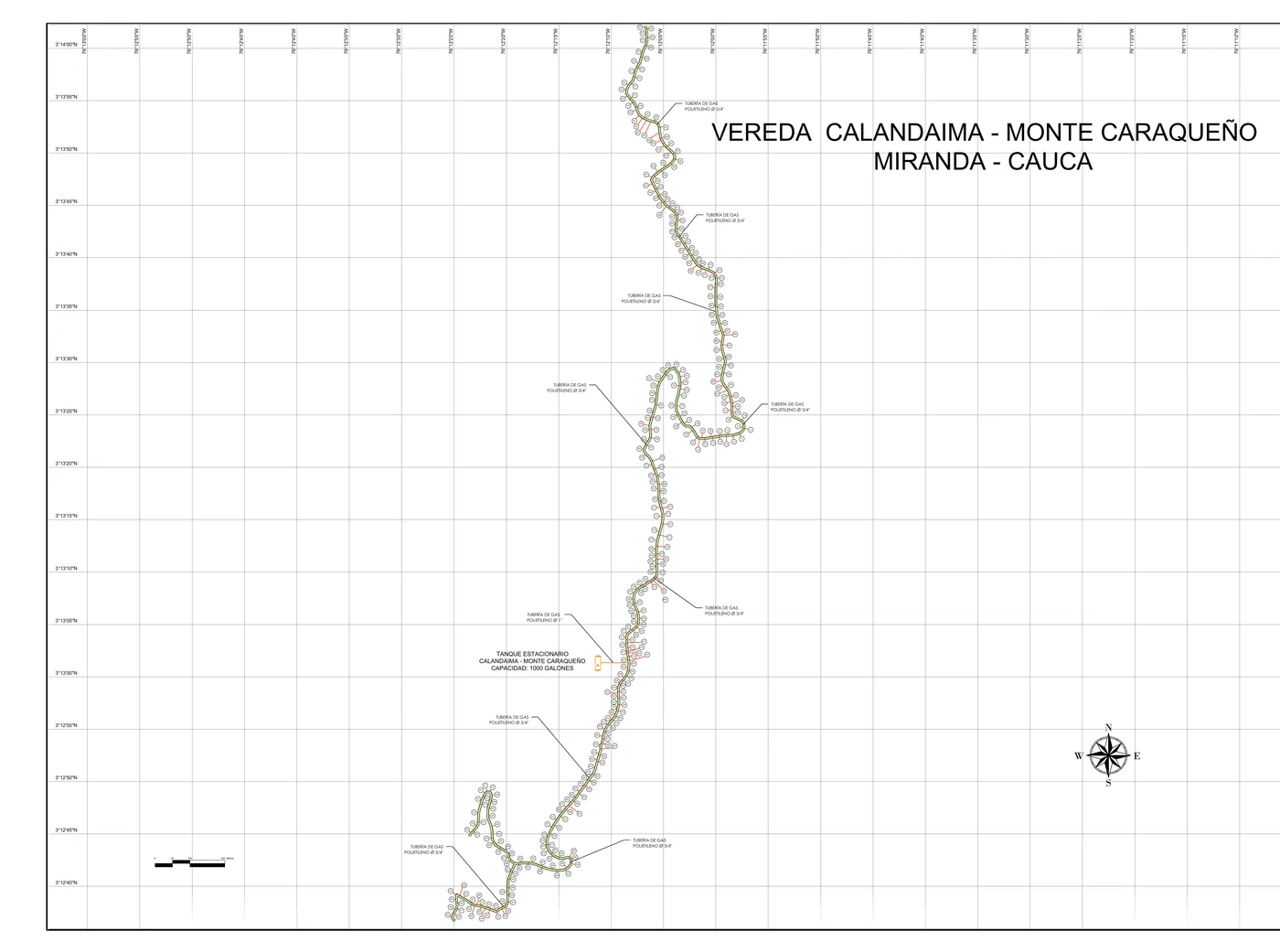 Diseño de red de gas — Vereda Calandaima, Miranda (Cauca)